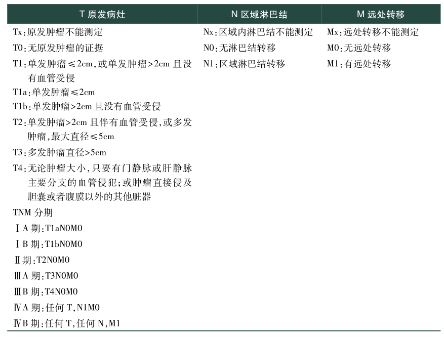 表2 肝细胞癌TNM分期（AJCC第8版）
